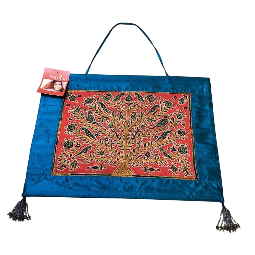 Shrujan Handcrafted Wall Hanging Art Sea‎ Green Raw Silk Tree of Life Embroidery